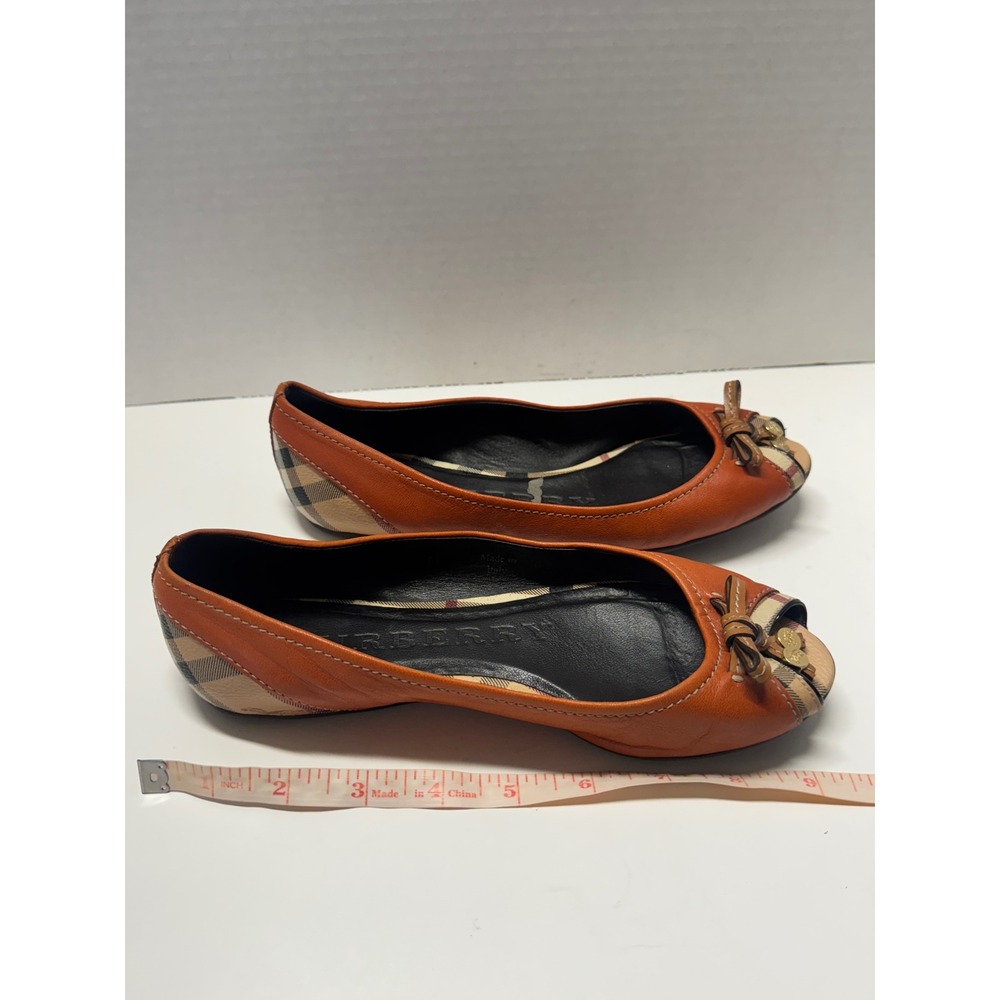Burberry Orange Leather Nova Check Peep Toe Ballet Flats Bow‎ Charms Size 37 7 - Picture 9 of 10